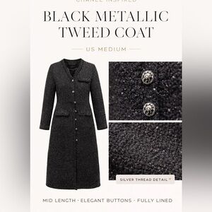 Black Tweed Metallic Thread Coat US Medium | Silver Button Front Mid Length Coat